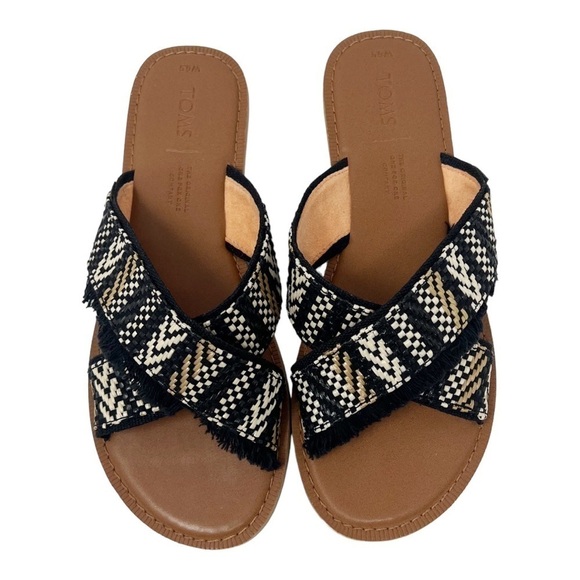 Toms Shoes - Toms Woven Geometric Slide Sandal Boho Fringe Checker Abstract Dot  Sze 6.5